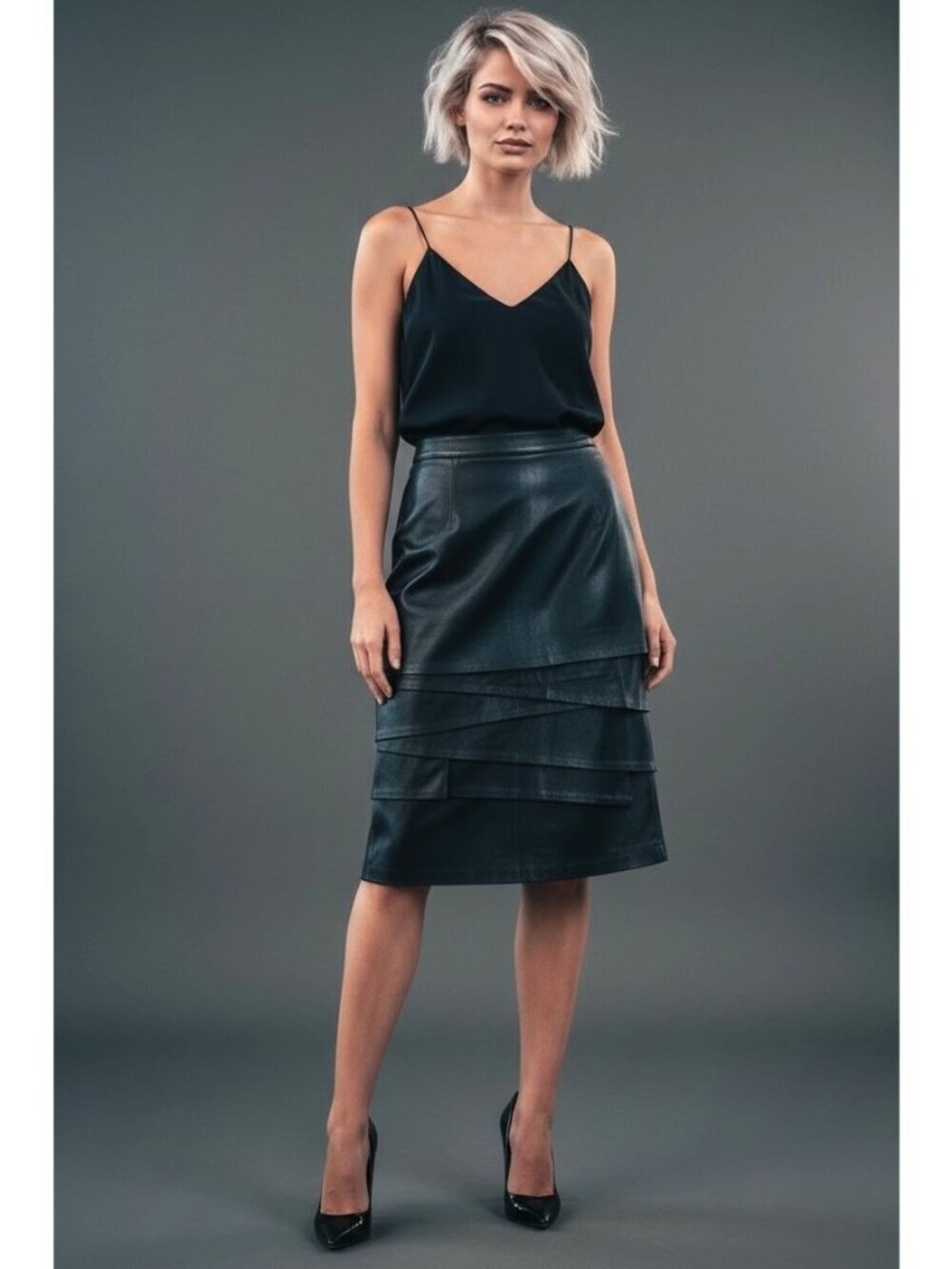 Vintage Bagatelle Black Leather Tiered Skirt Y2K Minimalist Punk Moto Midi 8